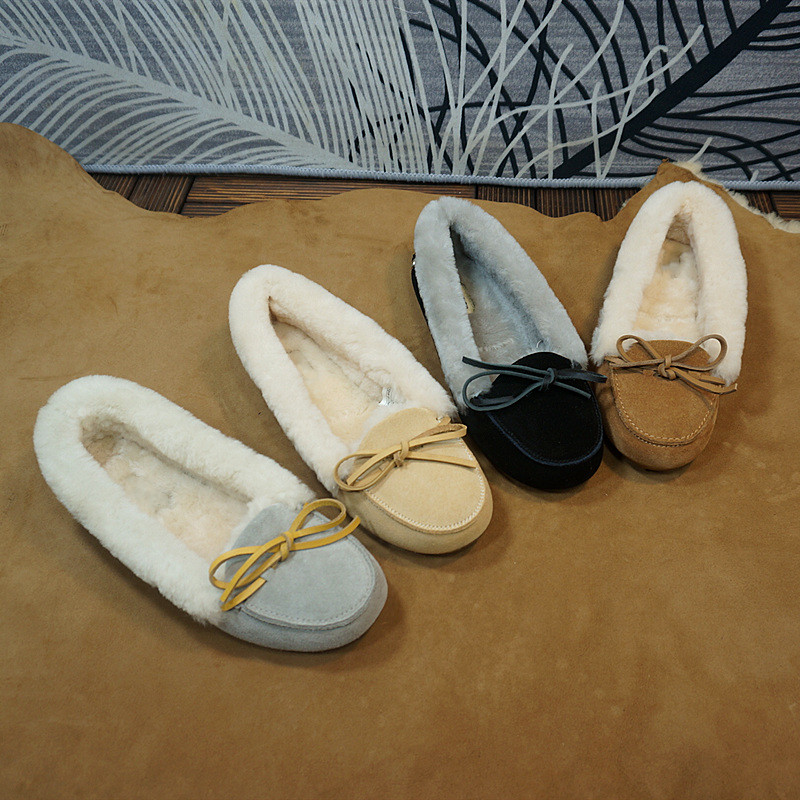 真皮牛皮女士豆豆鞋秋冬新款套脚女士乐福鞋 平跟毛毛鞋10-11