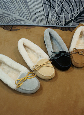 真皮牛皮女士豆豆鞋秋冬新款套脚女士乐福鞋 平跟毛毛鞋10-11