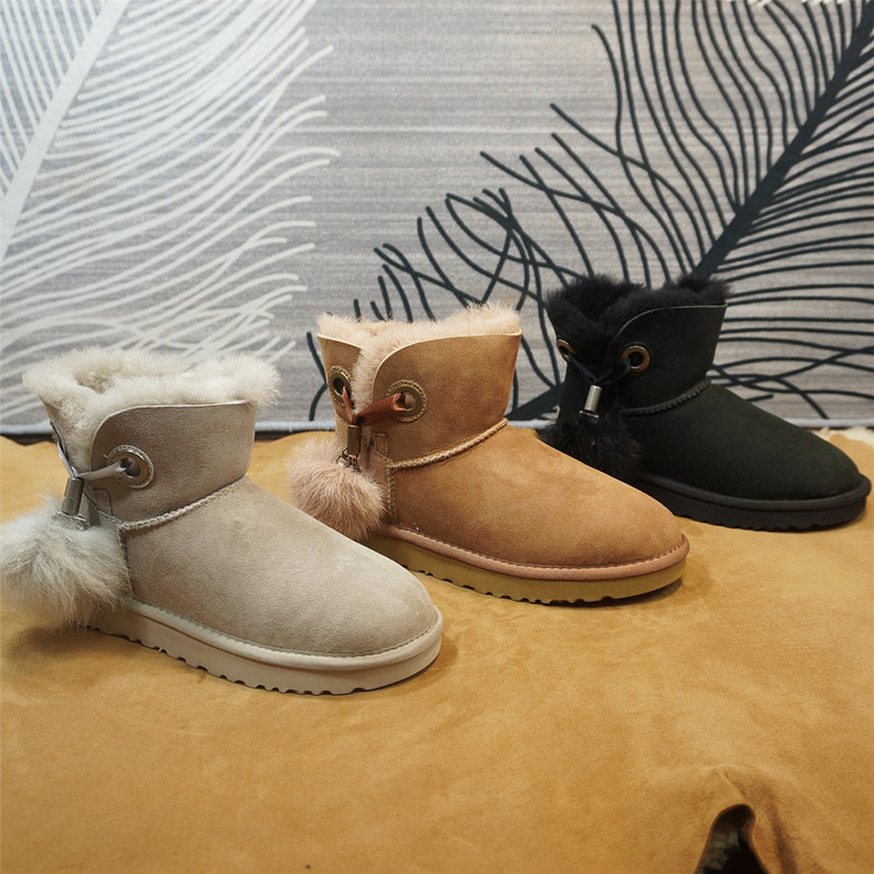 新款真皮羊皮毛一体雪地靴短筒毛球女士冬季保暖棉靴平跟87-3