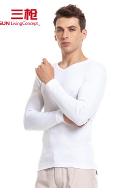 三枪保暖上衣秋冬薄款白色V领单件男士内衣纯棉长袖打底男秋衣