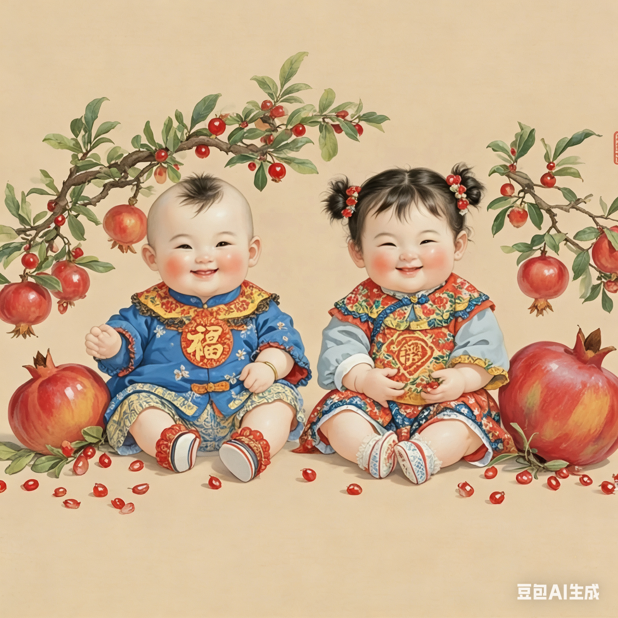 国潮爆款多子多福年画娃娃创意家用室内墙上门上吉祥画不干胶贴纸