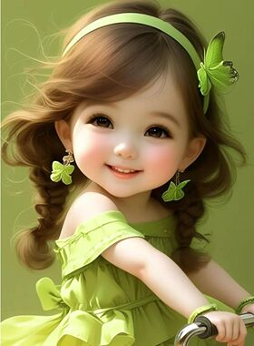 绿色治愈系女孩图片儿童房间贴墙防水装饰画童装穿搭不干胶贴纸