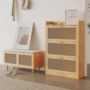 翻门藤编透气鞋柜门口省空间小户型超薄电梯口翻斗全实木鞋柜超窄