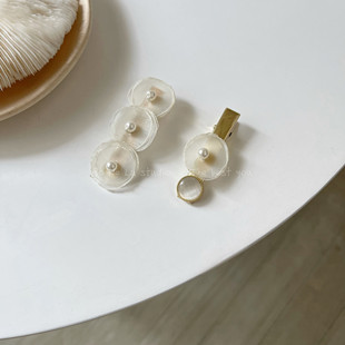 秀气~奶白圆形花朵珍珠发夹日系猫眼复古百搭少女鸭嘴夹一字夹