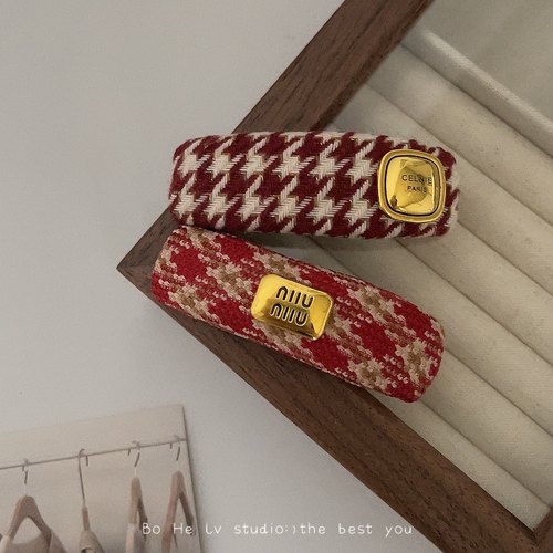 原创设计红色千鸟格发夹发饰