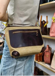 原创复古胡椒盐经典帆布拼都柏林牛皮通勤包山系中性手机包A款