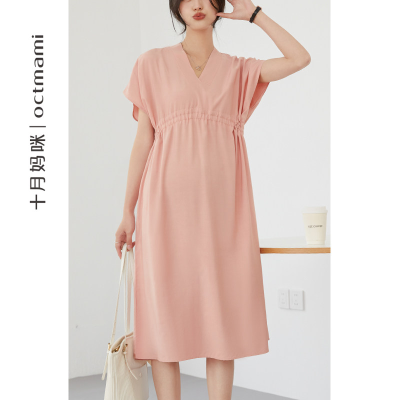 十月妈咪2023新款夏季薄款孕妇连衣裙外穿V领雪纺落肩袖短袖夏装