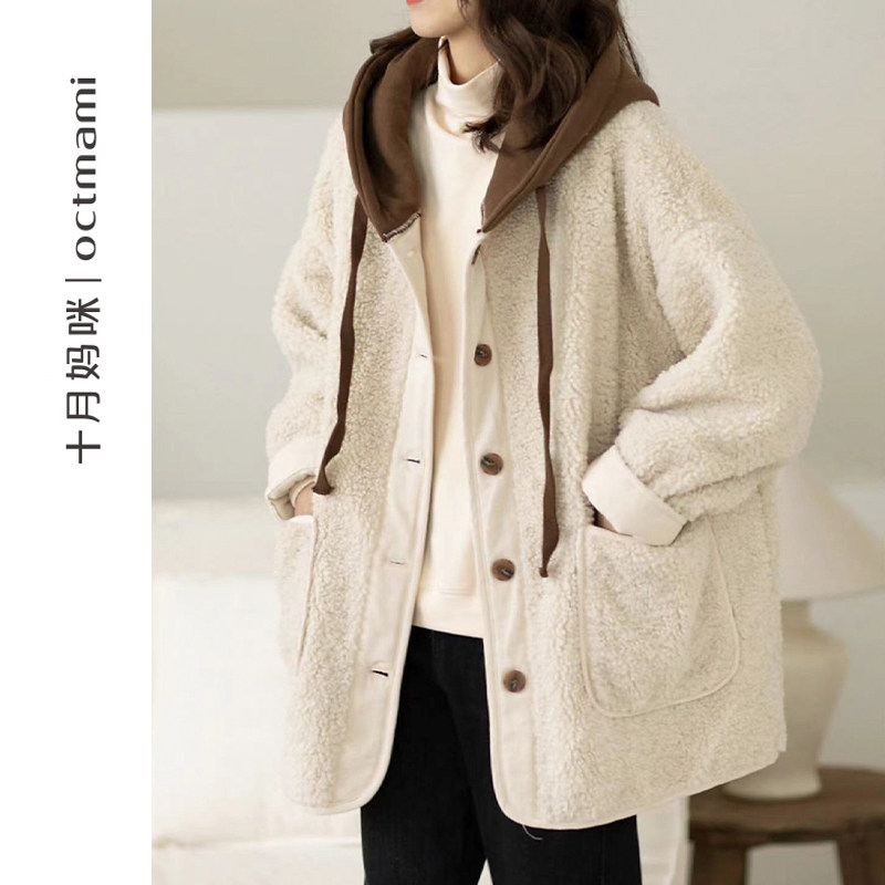 十月妈咪孕妇冬装2023新款怀孕期冬季外穿宽松羊羔绒连帽外套上衣
