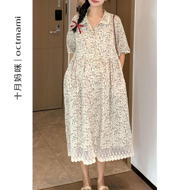 十月妈咪2023新款孕妇连衣裙夏季休闲外出碎花蕾丝短袖衬衫裙夏装