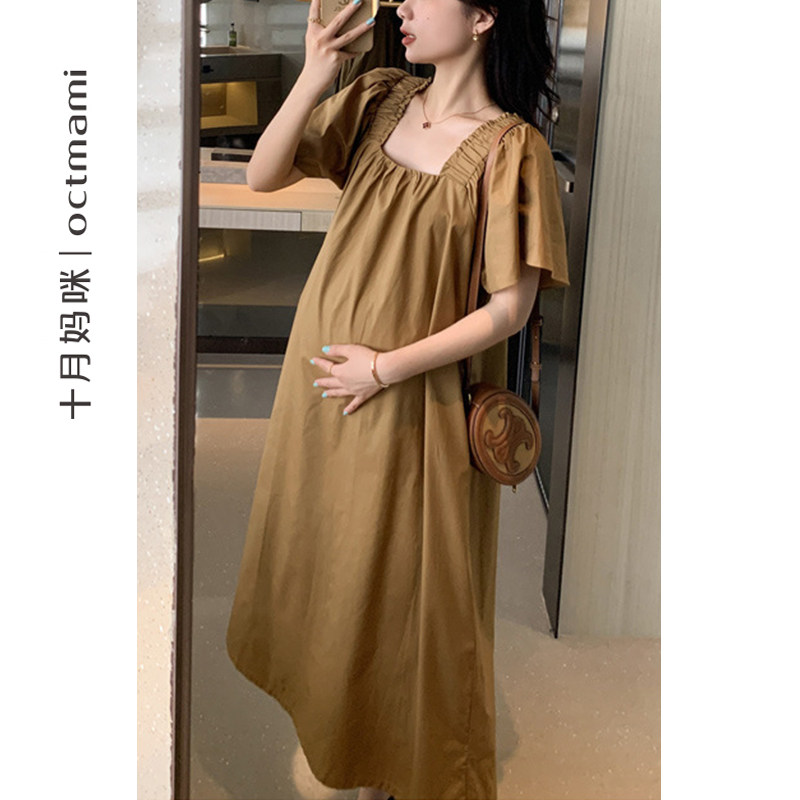 十月妈咪孕妇连衣裙2023新款夏季薄款外穿时尚小飞袖方领裙子夏装
