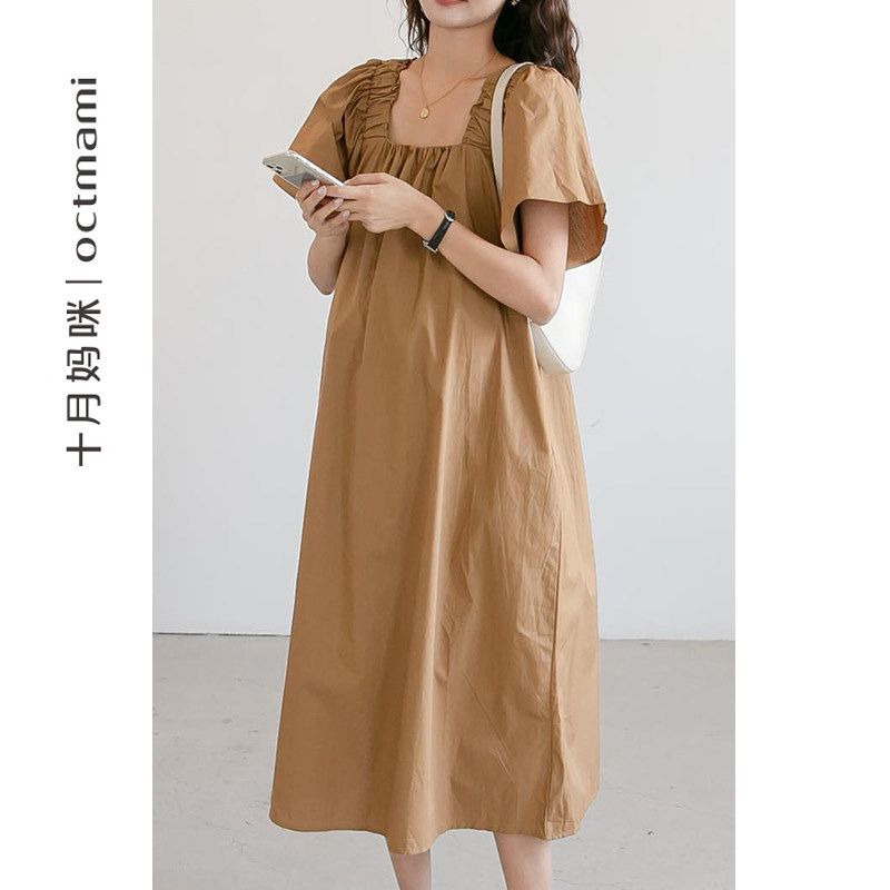 十月妈咪孕妇裙夏季薄款法式复古领时尚小飞袖方领孕妇连衣裙长裙