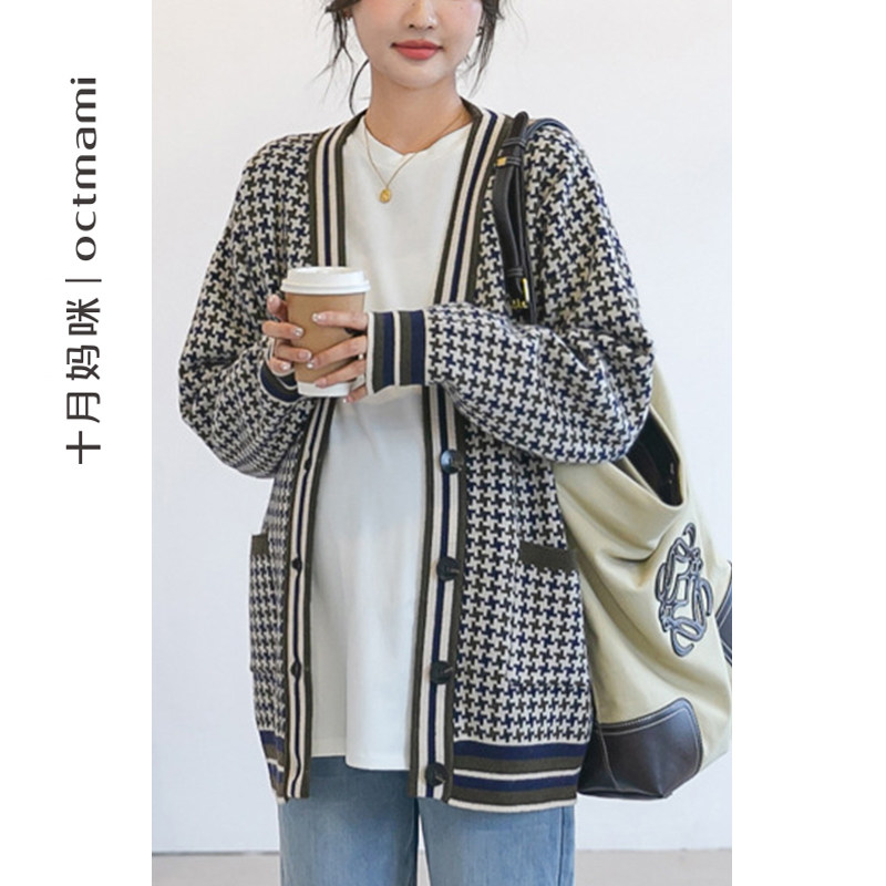 十月妈咪孕妇千鸟格开衫秋冬外穿怀孕宽松遮肚V领毛衣外套秋冬装