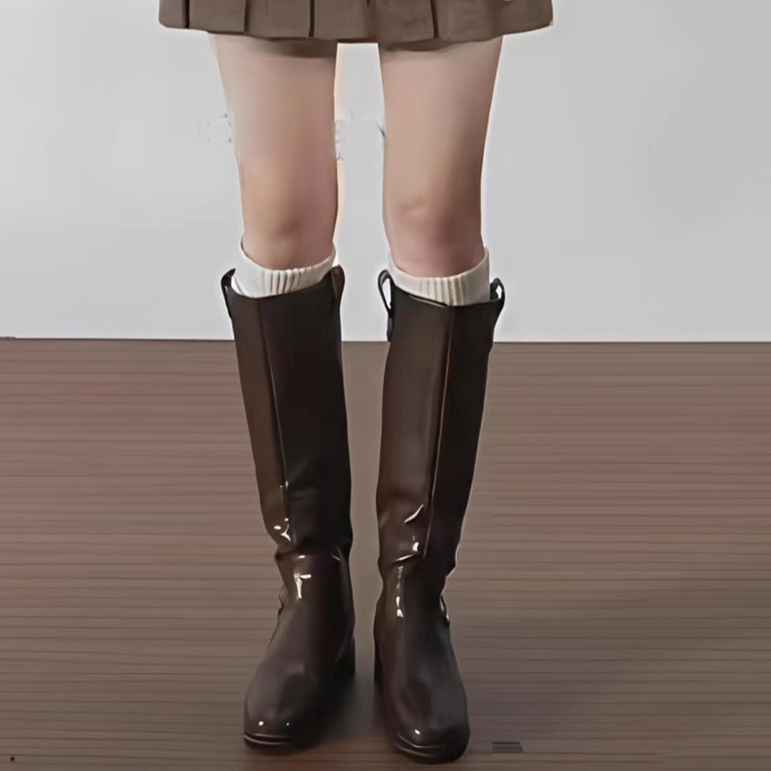 牛皮版~赵露思同款靴子女粗跟V扣高筒骑士靴复古棕色显瘦长筒靴