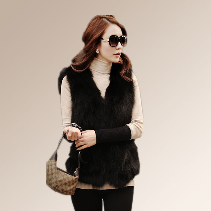 马甲皮毛包邮通勤毛皮原装狐狸毛毛拼接女韩版中长款黑色皮草外套