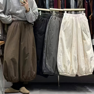 宽松女裤 阔腿棉裤 松紧腰灯笼裤 日系冬季