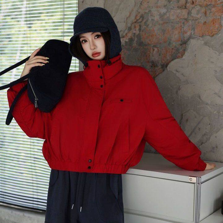 chic立领短款撞色女羽绒服小个子