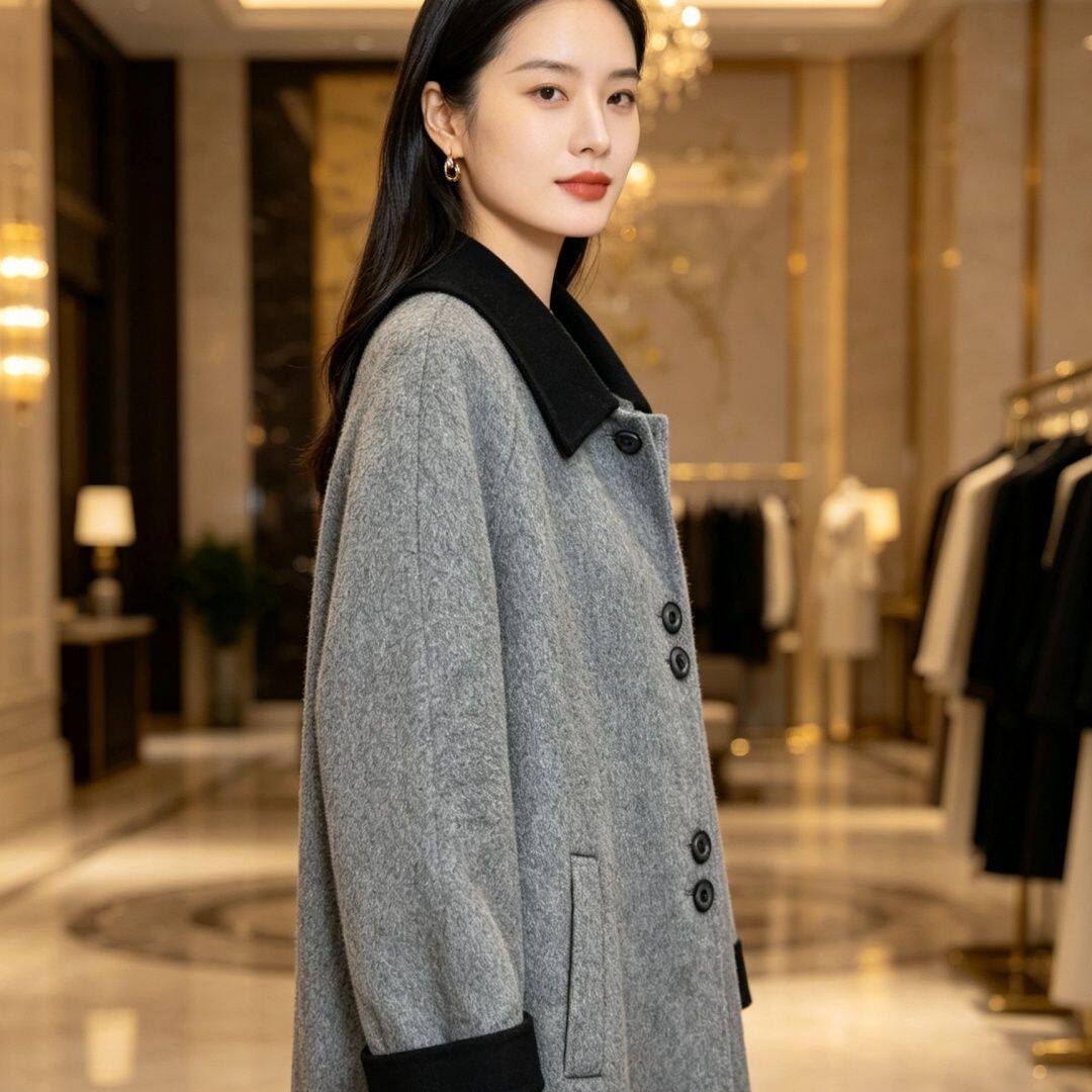 秋冬撞色翻领毛呢大衣女中长款