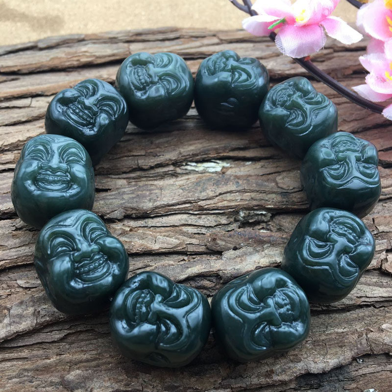 新疆和田青玉手串 罗汉手串双面工艺佛头手链 青玉手链男款送证书