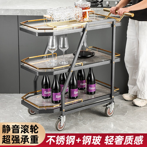轻奢不锈钢岩板三层大号手推车餐厅服务车上菜车KTV酒水车点心车