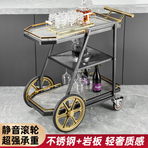 轻奢不锈钢大号岩板手推车酒店送餐车KTV桌球室零食饮料服务车