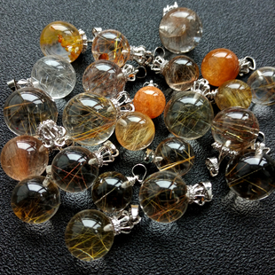 巴西天然水晶黄铜金发晶银钛晶圆珠球球小吊坠本命年招财饰品项链