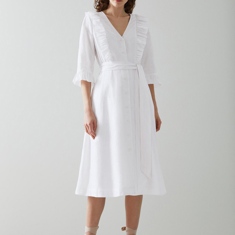 假日A型亚麻白色木耳边纯元