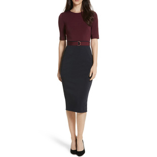 包臀显瘦连衣裙洒红色拼接中长裙 修身 2021新款 OL气质通勤圆领短袖