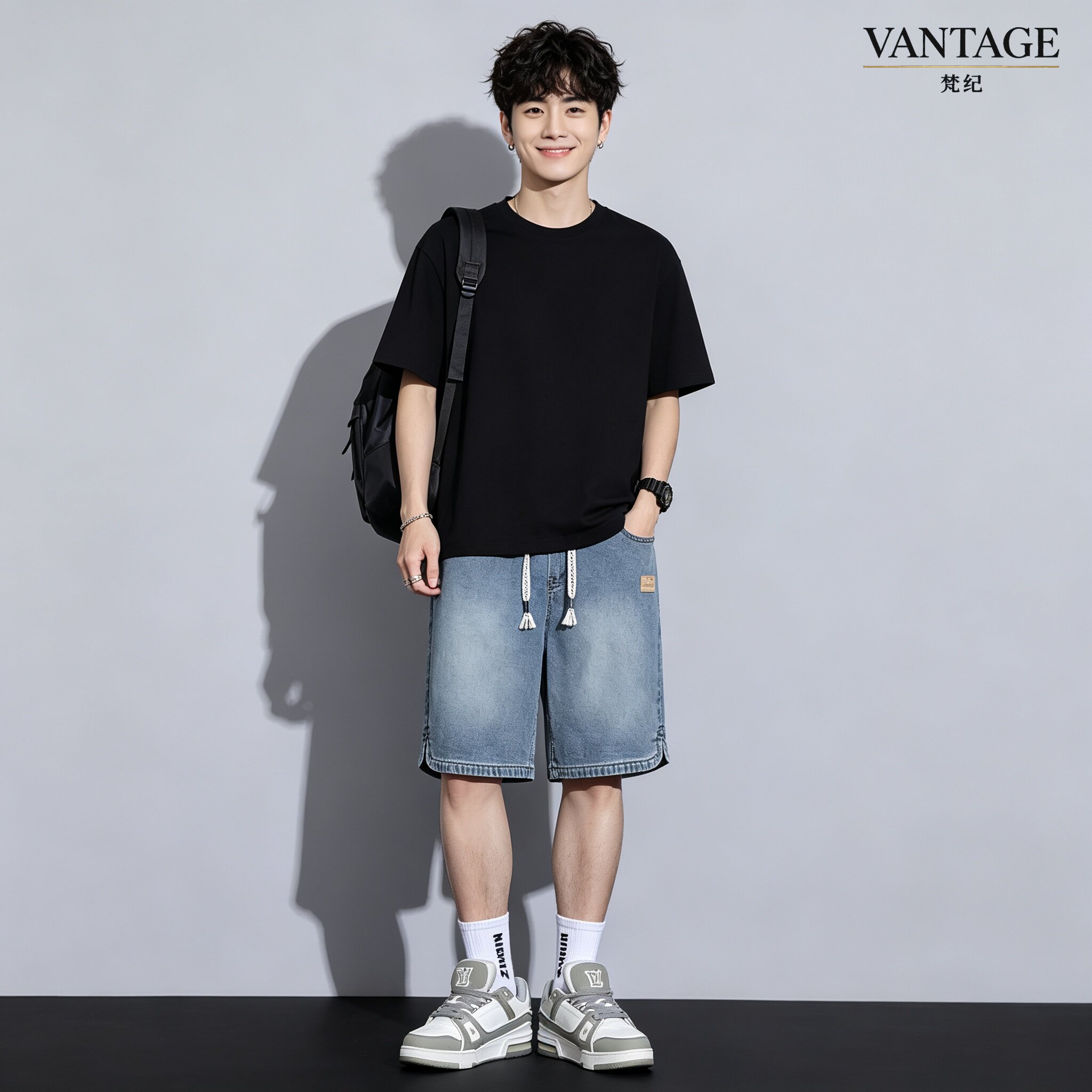 VANTAGE梵纪五分裤男夏季天丝薄款牛仔裤休闲宽松直筒夏天短裤