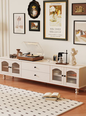 法式白色复古实木电视柜茶几组合白色落地式客厅家用收纳储物地柜