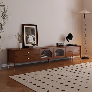 中古风法式新中式实木电视柜胡桃木色复古家用客厅收纳储物落地柜