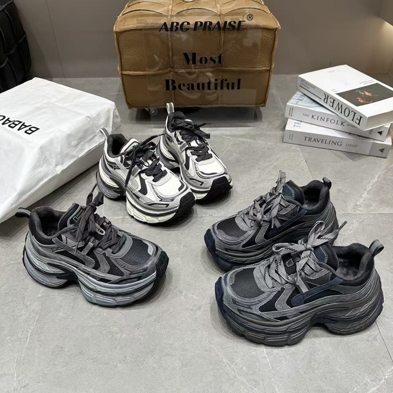 2025冬季新款加绒厚底老爹鞋女拼色时尚舒适百搭增高休闲运动鞋潮