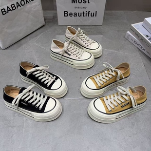 巴宝秀厚底帆布鞋女2026春季新款皮垫舒适百搭系带圆头休闲板鞋