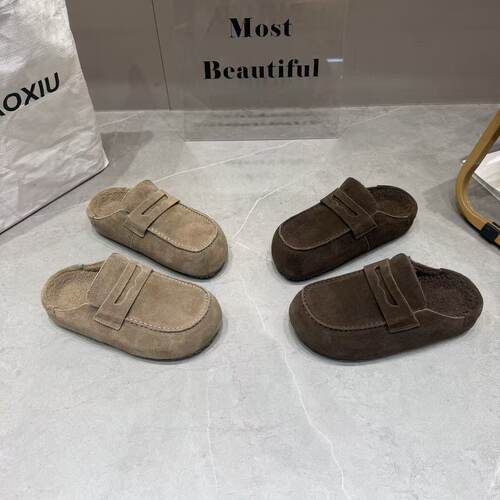 巴宝秀磨砂皮加绒博肯鞋女包头拖秋冬新款厚底舒适一脚蹬百搭拖鞋