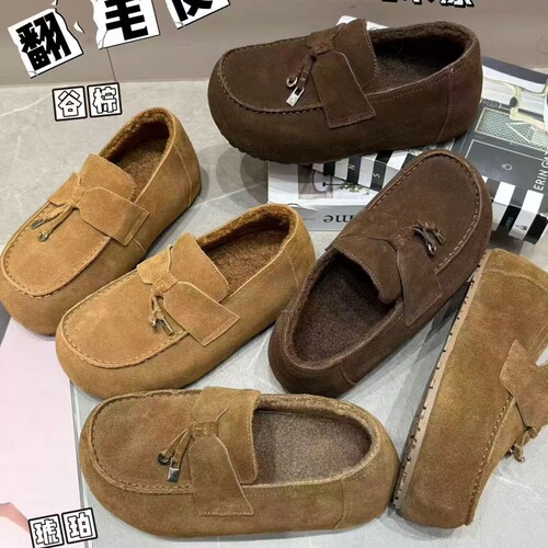 巴宝秀磨砂皮加绒厚底4CM流苏乐福鞋女一脚蹬懒人鞋休闲博肯鞋女