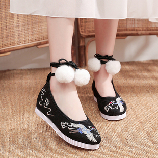 汉服绣花鞋内增高布鞋软底舞蹈鞋国潮风黑色汉服鞋女汉元素鞋子