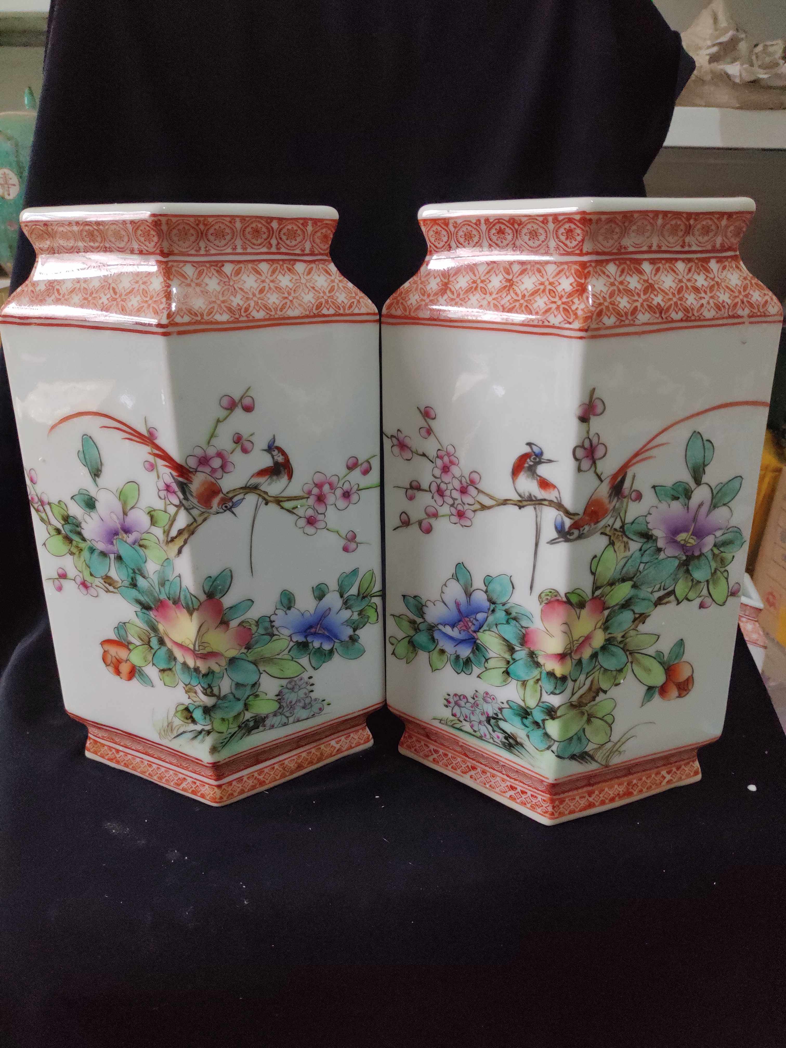 景德镇陶瓷艺术瓷厂纯手工手绘粉彩人物花鸟四方瓶子居家装饰摆件