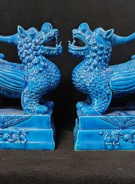 景德镇陶瓷老厂货库存手工制作雕塑孔雀蓝麒麟一对镇宅摆件收藏珍