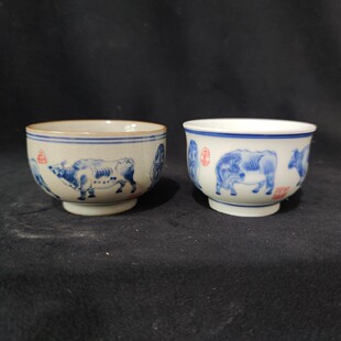 景德镇陶瓷民间老货手绘青花茶具杯子五牛图内绘八卦图案品茗水杯