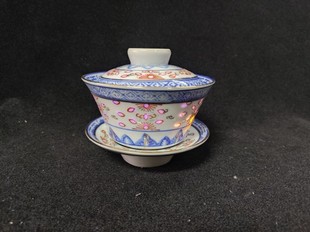 景德镇陶瓷老厂货库存手工绘制青花玲珑加彩盖碗三才敬茶水杯收藏