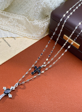 欧美跨境时尚简约双层黑色十字架项链女气质轻奢独特设计感锁骨链