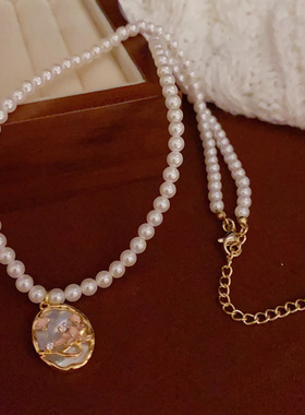 新中式荷花椭圆贝壳吊坠珍珠项链女轻奢小众时尚设计感高级耳坠