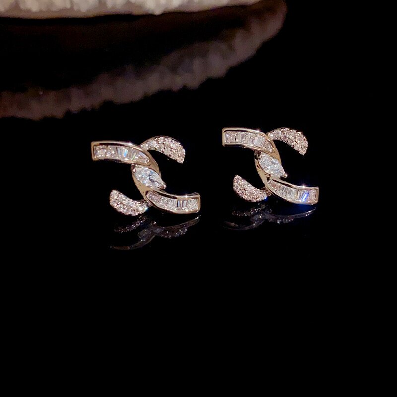复古超闪小香风双C耳钉锆石 s925银针小巧时尚精致名媛风气质耳环