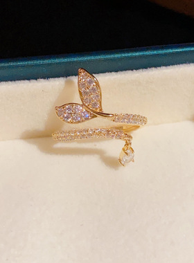 日韩小众设计高级感轻奢精致微镶锆石鱼尾戒指开口戒女配饰批发