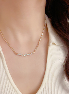 小众精致时尚满钻一字珍珠项链个性轻奢百搭高级感超闪锁骨链批发