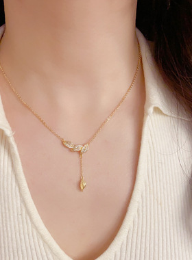 法式时尚百搭满钻树叶流苏项链气质轻奢独特设计感超闪锁骨链批发