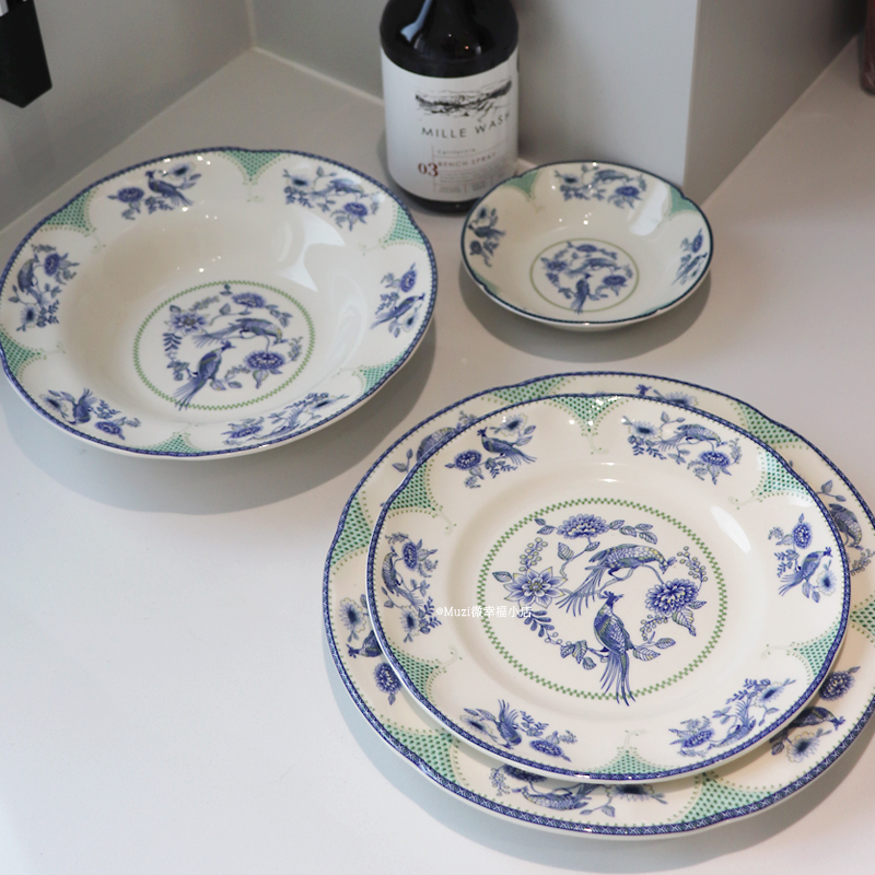 米饭碗陶瓷中古绿边孔雀家用