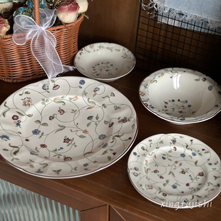 法式黄胎老瓷镶红边小花牛排正餐盘蛋糕甜点沙拉碗家用深汤盘釉下
