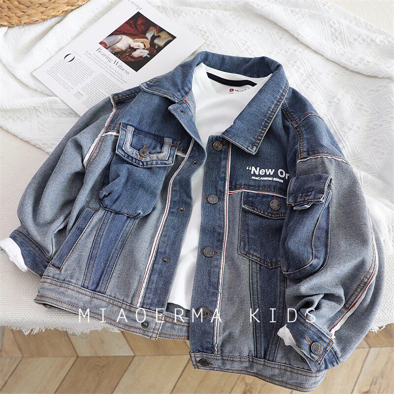 어린이 세척 데님 재킷 봄과 가을 새로운 스타일 소년 중형 및 대형 어린이 후드 가짜 투피스 탑 베이비 스타일 재킷