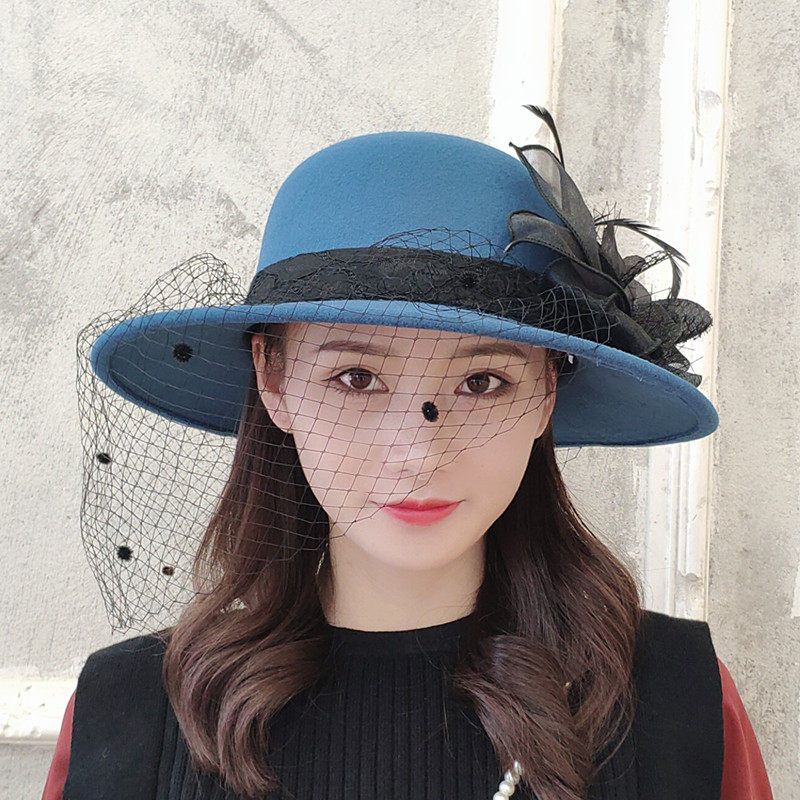 帽子女秋冬羊毛毡毛呢帽英伦赫本网纱遮脸帽复古帽时尚模特礼帽