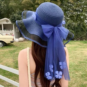 夏季网纱蝴蝶结赫本风草帽子女可折叠渔夫帽出游大帽檐遮阳防晒帽